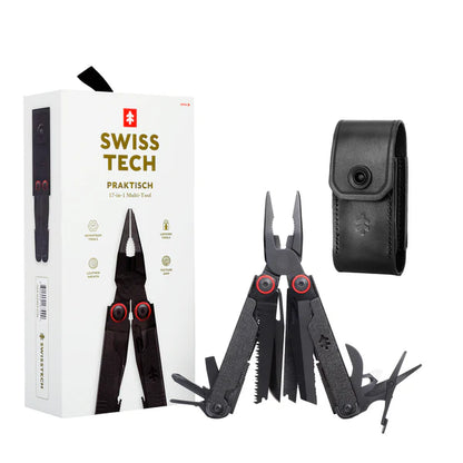   "SwissTech Praktisch 17-i-1 Multiverktøy med kompakt design, ergonomisk grep og 17 integrerte verktøy, laget av premium AUS-8 stål, ideelt for både profesjonelle og hobbybrukere."