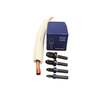   "Spin Swagging tool 4 deler - effektivt verktøysett for HVAC-installasjoner, inkluderer størrelser 1/4, 3/8, 1/2 og 5/8 tommer, designet for lekkasjefrie rørforbindelser med friksjonsvarme."
