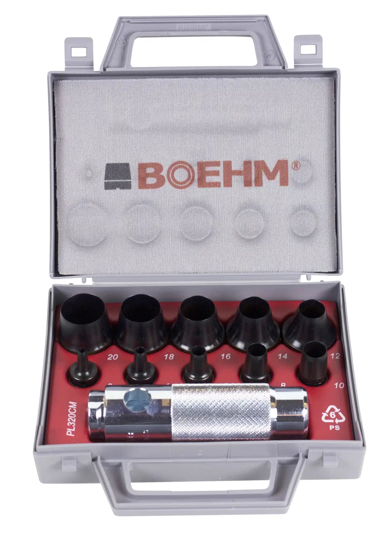   "Huggpipesett JLB320 Boehm med patentert system for rask utskifting av huggepipe-størrelser, designet for presis kutting av papir, lær, gummi, kunststoff og plast, med solide metallstativer for langvarig bruk."