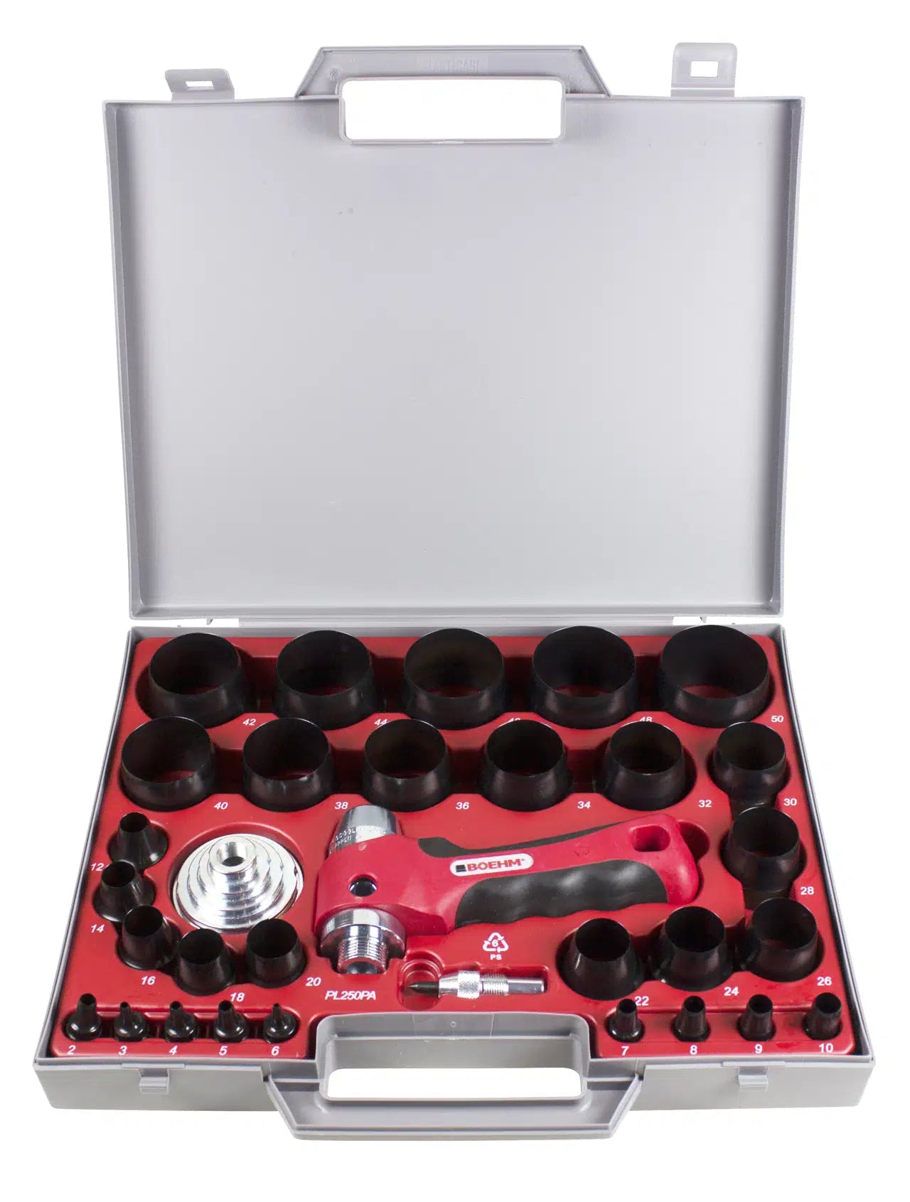   Huggpipesett JLB250PA 250mm Boehm, et patentert system for rask utskifting av huggepiper, inkludert 32 deler fra 2 mm til 50 mm, med solide metallstativer for sikker oppbevaring og effektiv stansing i ulike materialer.