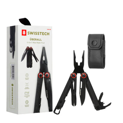   "SwissTech Überall 11-in-1 mini multitool featuring an ultracompact design, AUS-8 drop point blade, and a detachable carabiner, ideal for everyday use and outdoor activities."