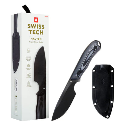   "SwissTech Halten taktisk kniv med AUS-8 stålblad, ergonomisk G10-håndtak og full tang-konstruksjon, perfekt for hverdagsbruk og friluftsaktiviteter."