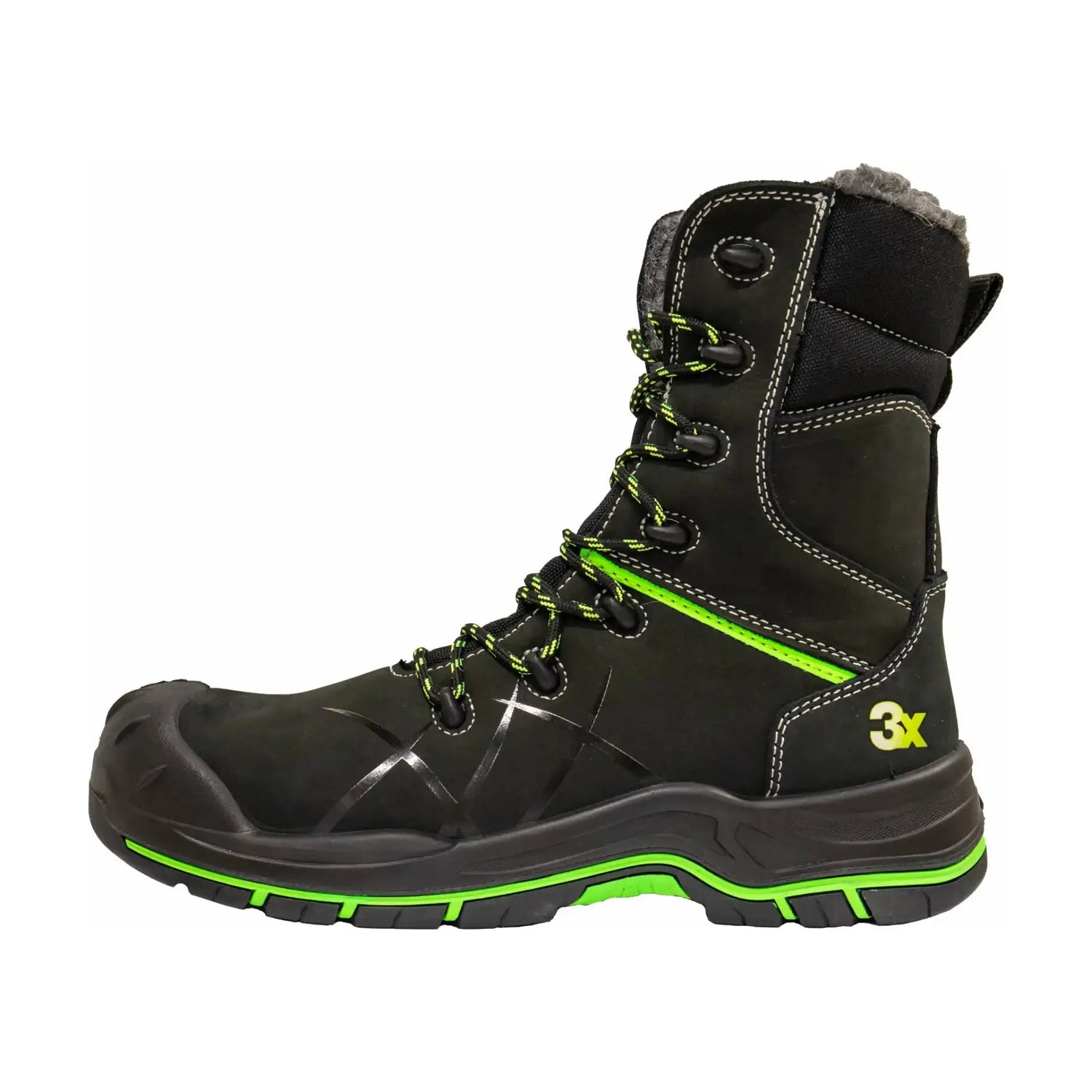   "Mjøsa Unisex Vinterstøvler S3 i sort og grønn, laget av skinn og lær, med glidelås og varmeisolert design, ideelle for krevende arbeidsforhold."
