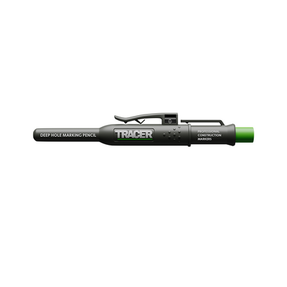 Tracer Dybhulsblyant med hylster for presis merking i dype og trange hull, merker opptil 145 mm dybde i 6 mm hull, robust metallspiss, innebygd blyantspisser og klips for enkel tilgang.