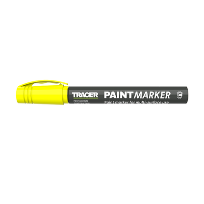   "Tracer Maling marker - gul, en kraftig og pålitelig malingstusj med høy synlighet, 1-3 mm spiss, robust metallhylster, og fri for skadelige stoffer, ideell for presis merking på alle overflater."