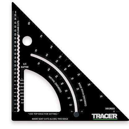   Tracer Tømrervinkel justerbar vinkel 260 mm, et presist verktøy for tømrerarbeid med låsbar arm, lettleste skalaer og integrerte spor for nøyaktig linjemarkering, ideelt for ulike kutteoppgaver.