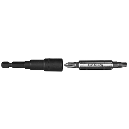   "Tecos DuoQuick Bitsholder sett med 2 deler, inkludert TX20 og TX25 bits, designet for rask og enkel bytte av bits, ideell for bruk med hansker, passer til standard 25 mm bits."