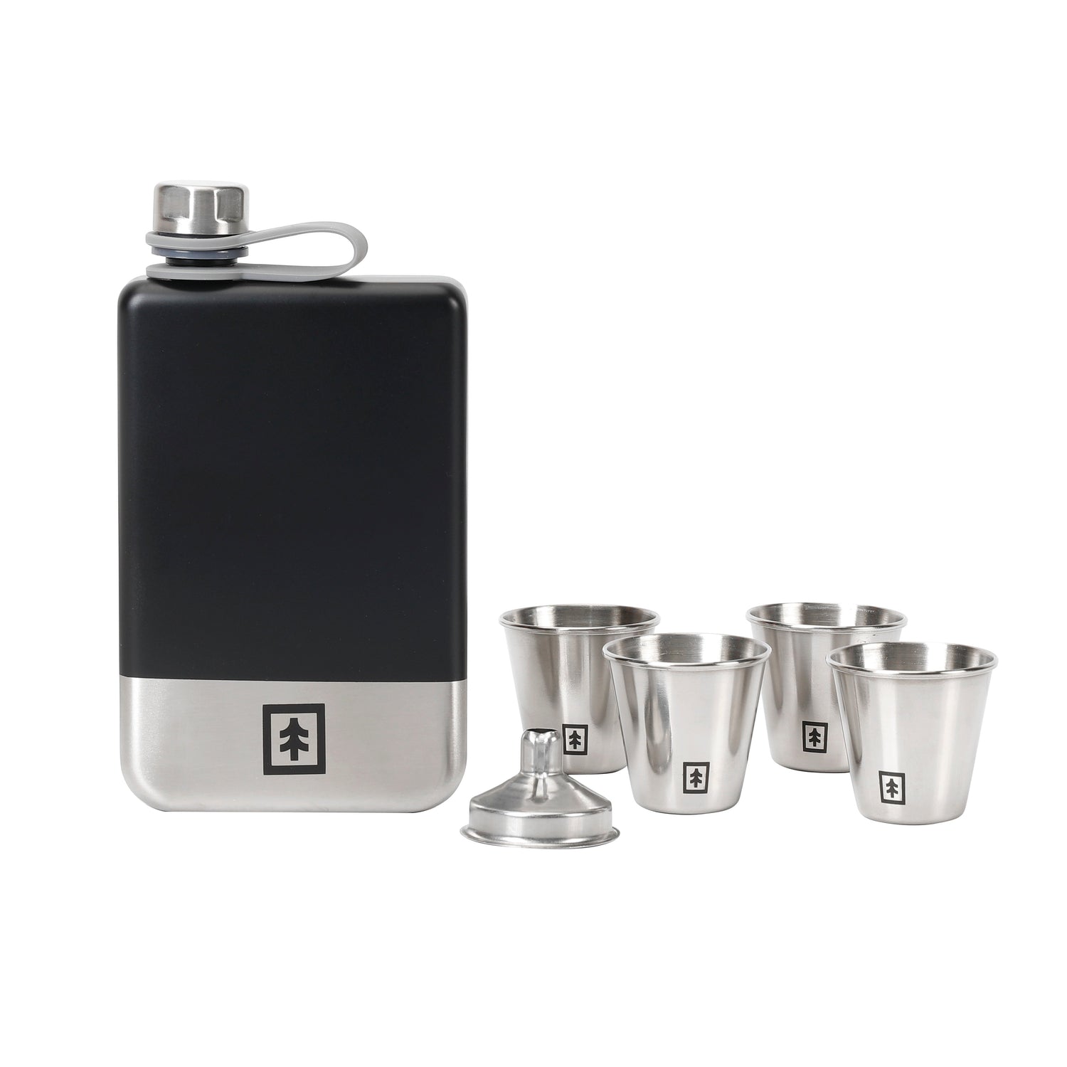   "Swisstech lommelerke med shotglass, rustfritt stål, lekkasjesikkert lokk, 230 ml kapasitet, inkludert 4 praktiske shotglass, ideell for utendørs eventyr og sosiale sammenkomster."