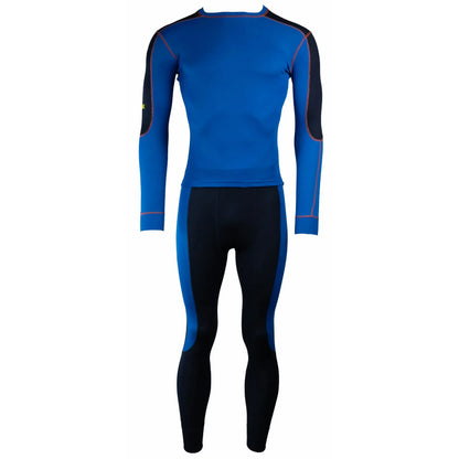 K2 Unisex Superundertøy sett i lys blå og mørk blå, laget av 100 % resirkulert polyester, tilbyr komfort, fukttransport og slitestyrke for kalde dager, perfekt for både arbeid og fritid.