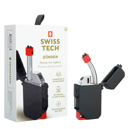   "SwissTech Zünden oppladbar lighter med plasma-arc-teknologi, fleksibel forlengelsesarm og vannbestandig design, perfekt for både innendørs og utendørs bruk."