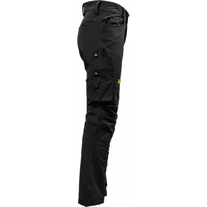   "3X. Pizol Dame Bukse Uforet Standard ben med knelomme i sort softshell, designet for aktive kvinner med 4-veis elastisk materiale, forsterkede knær, flere lommer og refleksdetaljer for økt sikkerhet og komfort."