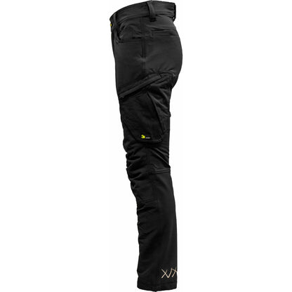   "3X. Pizol Dame Bukse Uforet Standard ben med knelomme i sort softshell, designet for aktive kvinner med 4-veis elastisk materiale, forsterkede knær, flere lommer og refleksdetaljer for økt sikkerhet og komfort."