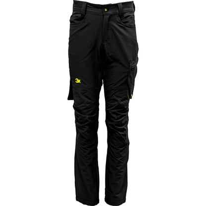   "3X. Pizol Dame Bukse Uforet Standard ben med knelomme i sort softshell, designet for aktive kvinner med 4-veis elastisk materiale, forsterkede knær, flere lommer og refleksdetaljer for økt sikkerhet og komfort."
