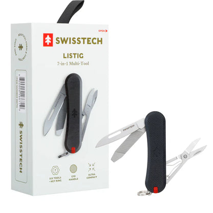   "SwissTech Listig 7-in-1 Multitool with G10 handle, compact design, and keyring attachment, showcasing its versatility and functionality for everyday use."