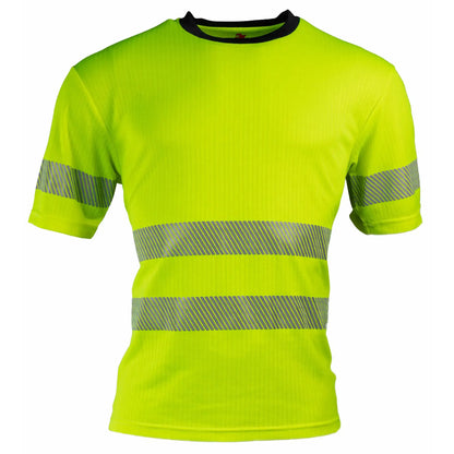 Boye T-shirt in fluorescent yellow, designed for high visibility and comfort, made from a durable polyester-cotton blend, meeting EN 20471 class 2 standards, featuring reflective details for added safety, ideal for unisex wear in high-risk work environments.