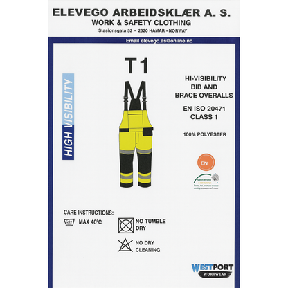 Lyngsøe Rainwear bukse i 4-veis stretch hi-vis gul/sort, designet for komfort og synlighet i krevende arbeidsforhold, med elastisk midje, avtagbare skulderstropper, pustende og vanntett materiale, perfekt for all slags vær.