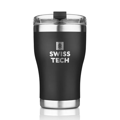   "Swisstech 100% tett termokopp 350 ml i sort, laget av 18/8 rustfritt stål og BPA-fri plast, designet for å holde drikken varm i opptil 6 timer, perfekt for reiser og daglig bruk."