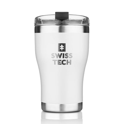   "Swisstech 100% tett termokopp 350 ml i hvit, laget av 18/8 rustfritt stål, designet for å holde drikken varm i opptil 6 timer, perfekt for reiser og hverdagsbruk."