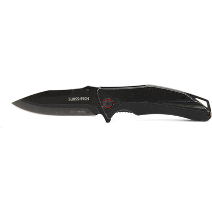  "SwissTech foldekniv - Alu bi-metall, en høykvalitets sammenleggbar kniv med slitesterk stonewash-finish, lett aluminiumshåndtak, bimetallblad på 8,89 cm, ideell for fiske, jakt og arbeid."