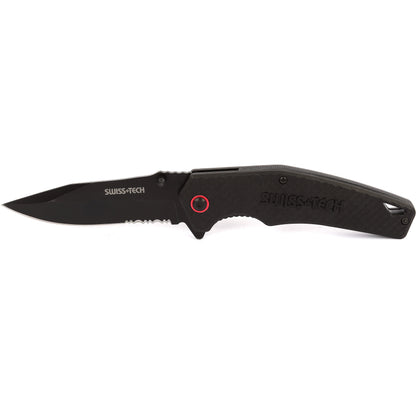   SwissTech foldekniv i nylon glasfiber med 10,16 cm 420HC karbonstålblad, sammenleggbar design og ergonomisk nylonhåndtak, perfekt for friluftsliv og hverdagsbruk.