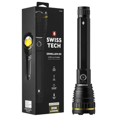   "SwissTech Erhellen 20 LED-lykt med 20.000 lumen lysstyrke, 250 meter rekkevidde og 24 timers driftstid, perfekt for camping og nødsituasjoner, med robust design og IP67 vanntett klassifisering."