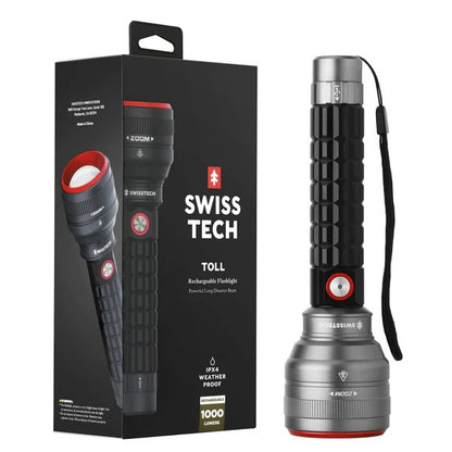   "SwissTech Toll lommelykt med 1000 lumen lysstyrke, teleskopisk zoom og 4 lysmoduser, perfekt for jakt og turer, med IPX4 sprutsikkerhet og riflet håndtak for sikkert grep."