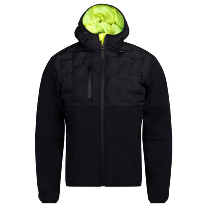   "WRKS Mastif Hybrid Jacket in Black Beauty, featuring a warm and lightweight design, water-repellent surface, adjustable hood, and multiple zippered pockets, perfect for outdoor activities and cold days."