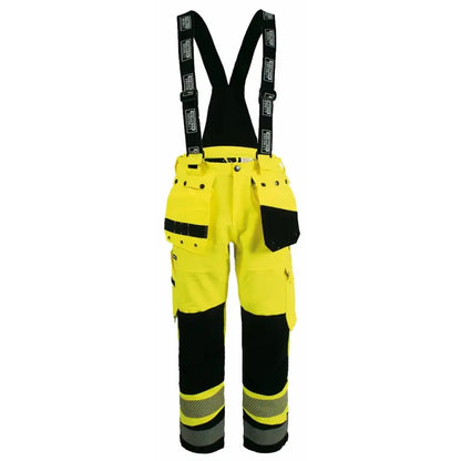 Lyngsøe Rainwear bukse i 4-veis stretch hi-vis gul/sort, designet for komfort og synlighet i krevende arbeidsforhold, med elastisk midje, avtagbare skulderstropper, pustende og vanntett materiale, perfekt for all slags vær.