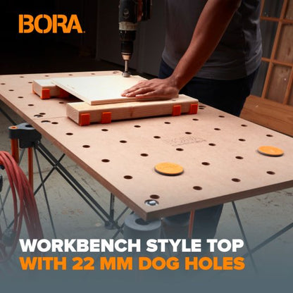 BORA Centipede Bordplate – Par med 20 mm hull for benstøtter, stabil arbeidsflate, høy vektkapasitet, perfekt for profesjonelle og hobbyhåndverkere.