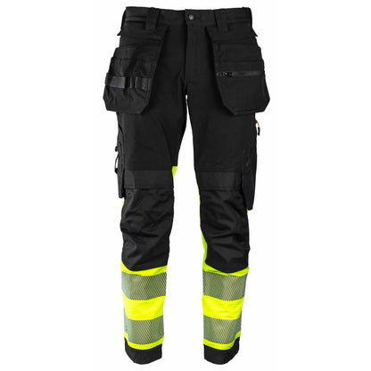 Tor Bukse - Kort benlengde 3X, funksjonell arbeidsbukse med kort benlengde, knelommer for knebeskyttere, avtagbare hengelommer, laget av 90 % resirkulert nylon og 10 % spandex, oppfyller EN 20471 klasse 1 for synlighet, tilgjengelig i sort med fluoriserende gule detaljer.