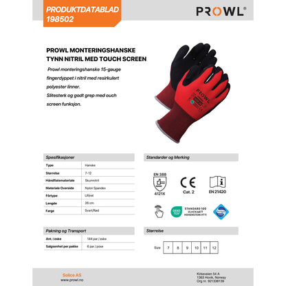 Prowl Monteringshanske tynn nitril med Touch Screen 6 par