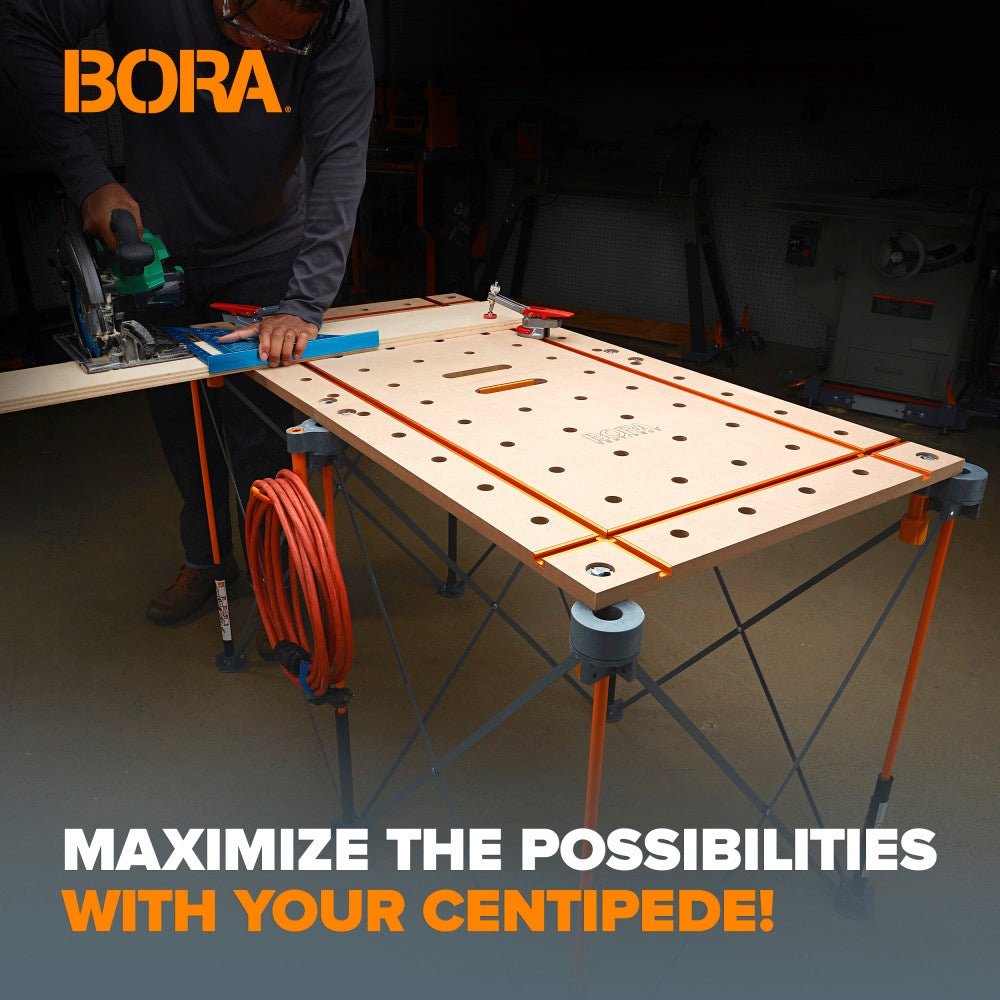 BORA Centipede 2 x 4 fot T-spor bordplate – 20 mm hull for benkeklammer (dog holes)