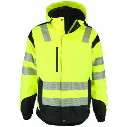 Wolfram Jacket High Vis in Safety Yellow, a waterproof and breathable jacket designed for optimal visibility and comfort, featuring a removable hood, multiple practical pockets, and adjustable details for a perfect fit, ideal for work and outdoor activities year-round.