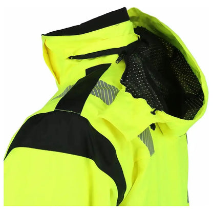 Wolfram Jacket High Vis in Safety Yellow, a waterproof and breathable jacket designed for optimal visibility and comfort, featuring a removable hood, multiple practical pockets, and adjustable details for a perfect fit, ideal for work and outdoor activities year-round.