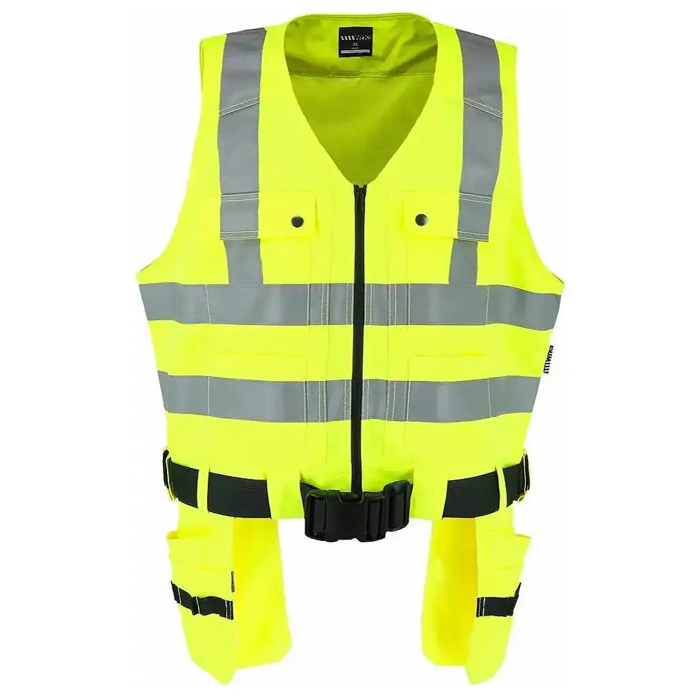 High visibility WRKS Ridgeback Vest in safety yellow, featuring a full front zipper, multiple pockets for storage, and reflective details for enhanced visibility, designed for craftsmen and suitable for year-round use.