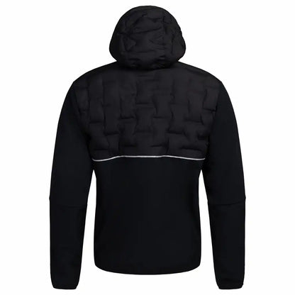   "WRKS Mastif Hybrid Jacket in Black Beauty, featuring a warm and lightweight design, water-repellent surface, adjustable hood, and multiple zippered pockets, perfect for outdoor activities and cold days."