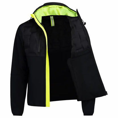   "WRKS Mastif Hybrid Jacket in Black Beauty, featuring a warm and lightweight design, water-repellent surface, adjustable hood, and multiple zippered pockets, perfect for outdoor activities and cold days."