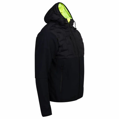   "WRKS Mastif Hybrid Jacket in Black Beauty, featuring a warm and lightweight design, water-repellent surface, adjustable hood, and multiple zippered pockets, perfect for outdoor activities and cold days."